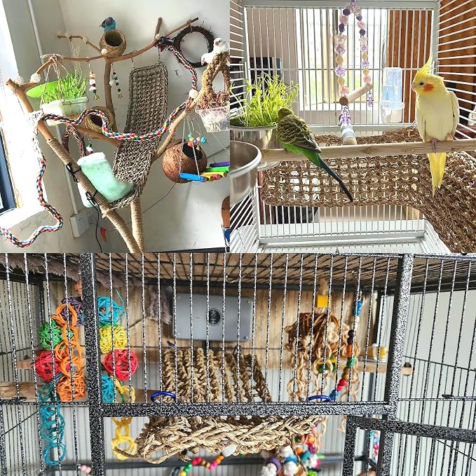 2Pcs Bird Seagrass Mat 20.5×8'' Natural Grass Woven Net Hammock Hanging on Cage - Image 3