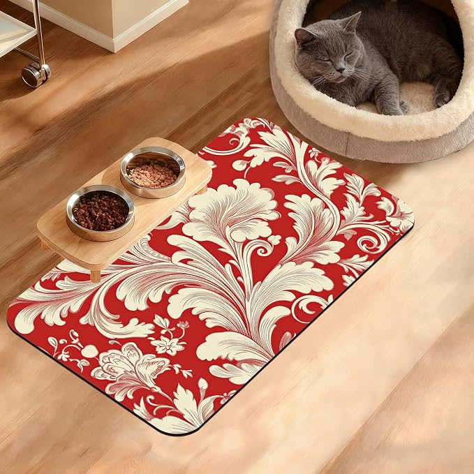 Red White Flower Feeding Mat, Paisley Absorbent Quick-Dry Cat Dog Food and by Unknown