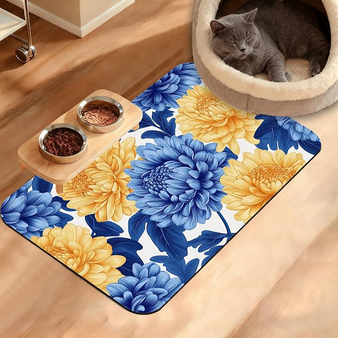 Blue Yellow Flowers Dog Food Mat, Absorbent Pet Feeding Mat by Unknown