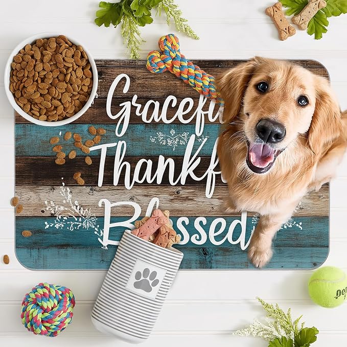 Thankful Grateful Blessed Dog Cat Food Mat, Vintage Wooden Absorbent Pet - Image 7
