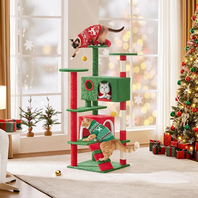 Yaheetech 54in Christmas Cat Tree, 2 Cozy Caves, Scratching Posts, Climbing - Image 2