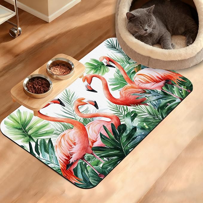 Pink Flamingo Dog Food Mat, Plam Leaves Absorbent Pet Feeding Mat by Unknown
