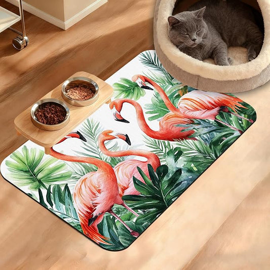 Pink Flamingo Dog Food Mat, Plam Leaves Absorbent Pet Feeding Mat by Unknown