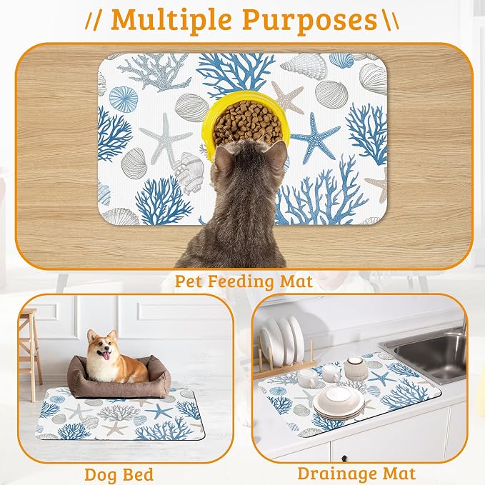 Seashell Beach Feeding Mat, Coral Starfish Absorbent Quick-Dry Cat Dog Food and - Image 7