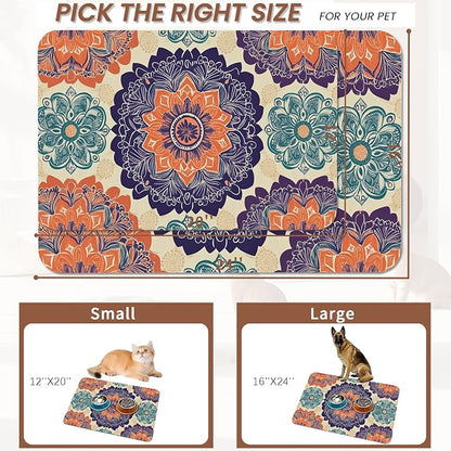 Mandala Flower Dog Cat Food Mat, Vintage Boho Floral Absorbent Pet Feeding Mat - Image 2