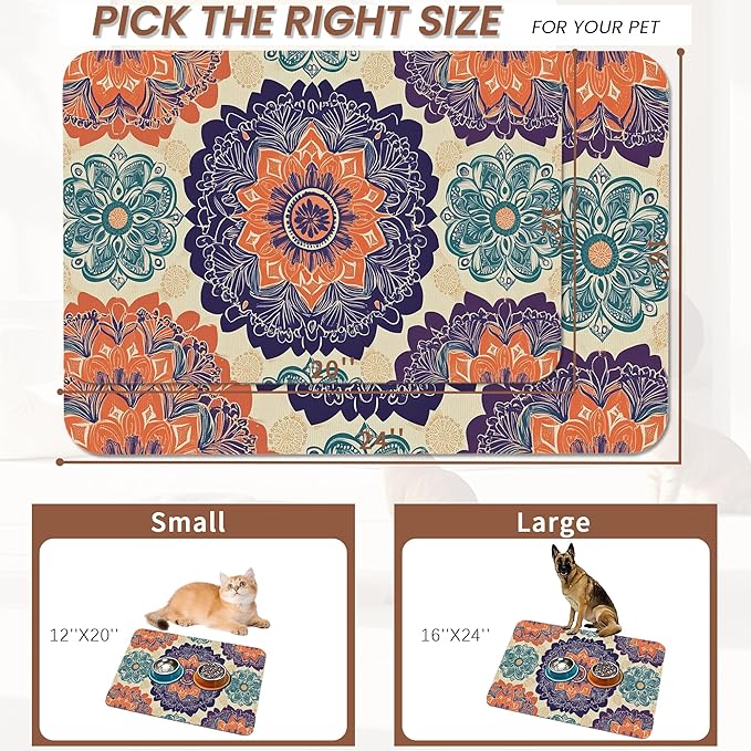 Mandala Flower Dog Cat Food Mat, Vintage Boho Floral Absorbent Pet Feeding Mat - Image 2