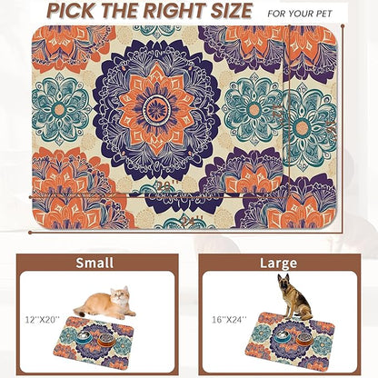 Mandala Flower Dog Cat Food Mat, Vintage Boho Floral Absorbent Pet Feeding Mat - Image 2