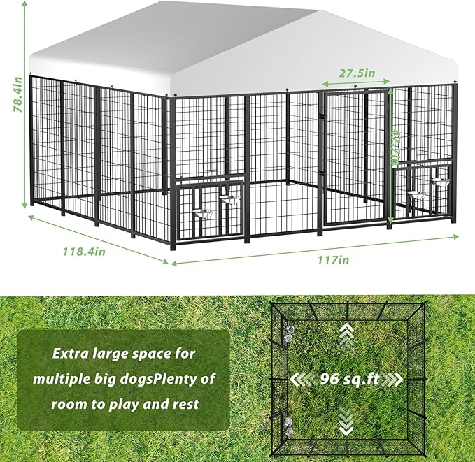 LOVMOR Outdoor Dog Kennel with Roof, Heavy Duty Steel Dog Run Enclosure - Image 2