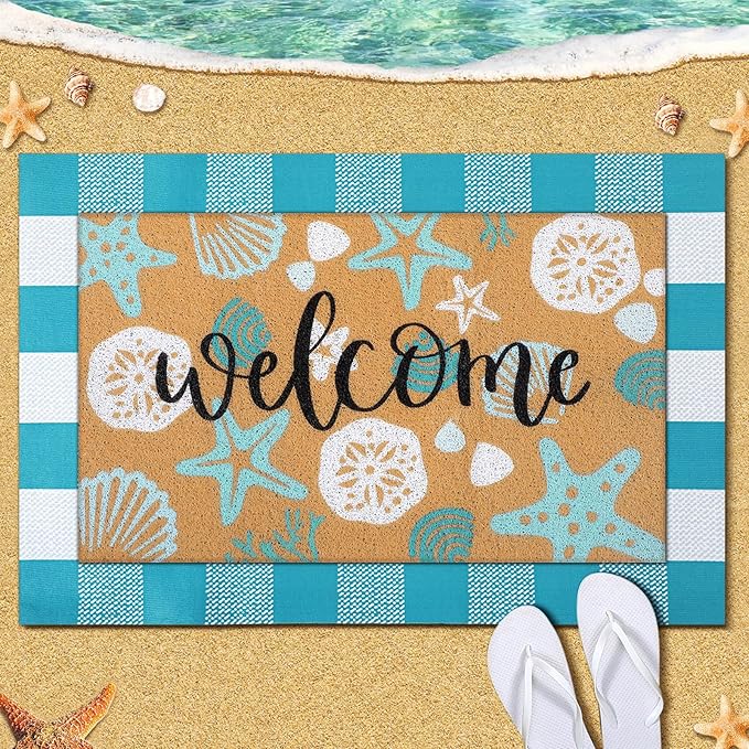 Tinideya 2 Pcs Summer Door Mat Coastal Beach Welcome Non Slip Coir Mats Sea by Tinideya
