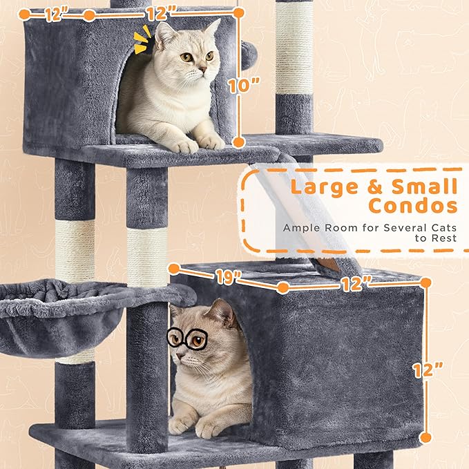Yaheetech Cat Tree, 82.5in Large Tower w/Hammock, 2 Kitty-Ear Perches, 2 Cozy - Image 6
