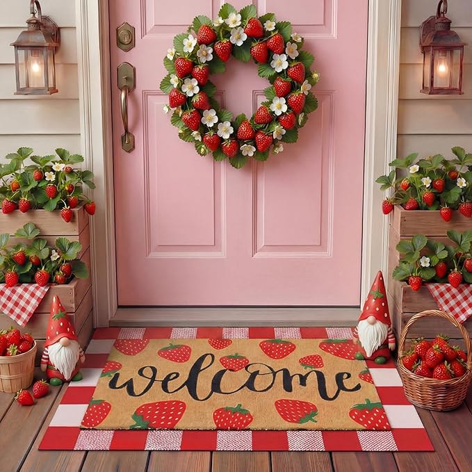 Tinideya 2 Pcs Strawberry Door Mat Fruit Pattern Design Welcome Non Slip Coir by Tinideya
