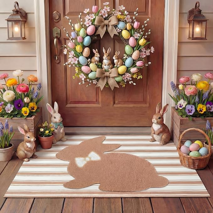 Tinideya 2 Pcs Bunny Door Mat Rabbit Welcome Non Slip Coir Mats Brown and White by Tinideya