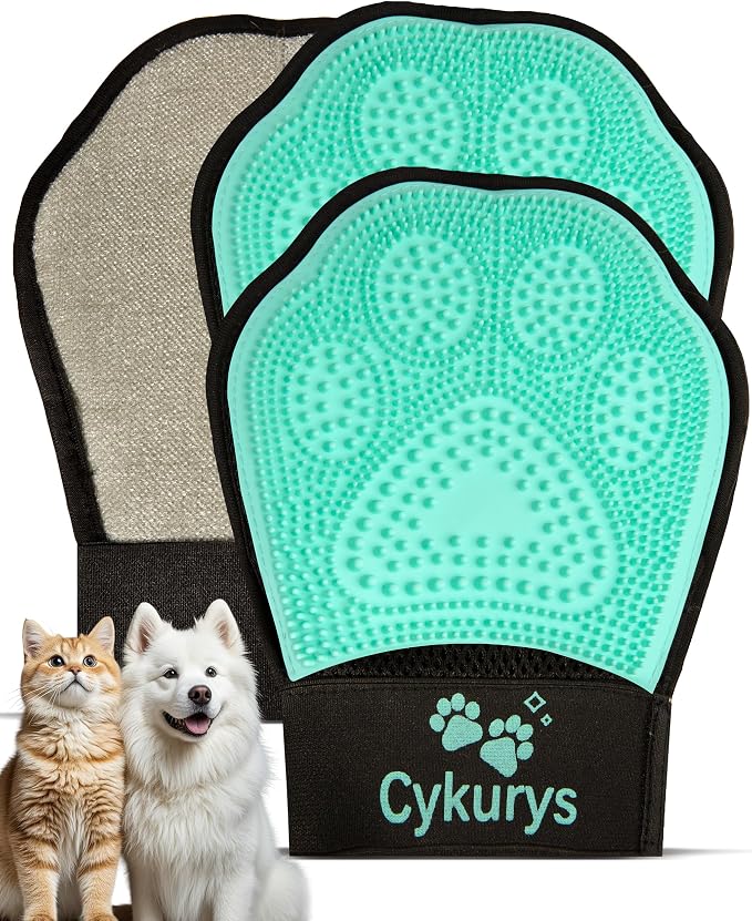 Pet Hair Removal Glove for Dogs & Cats, 2-in-1 Double-Sided Pet Grooming Glove by Cykurys