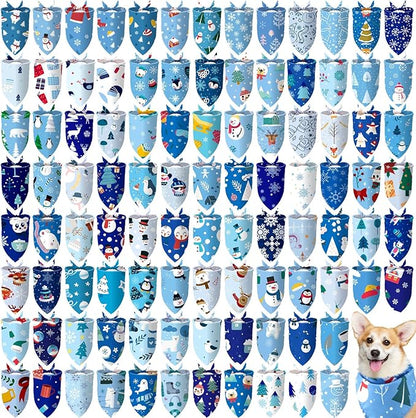 100 Pcs Winter Dog Bandanas Bulk Pet Bibs Blue Triangle Scarf Snowflake Pet by Huhumy
