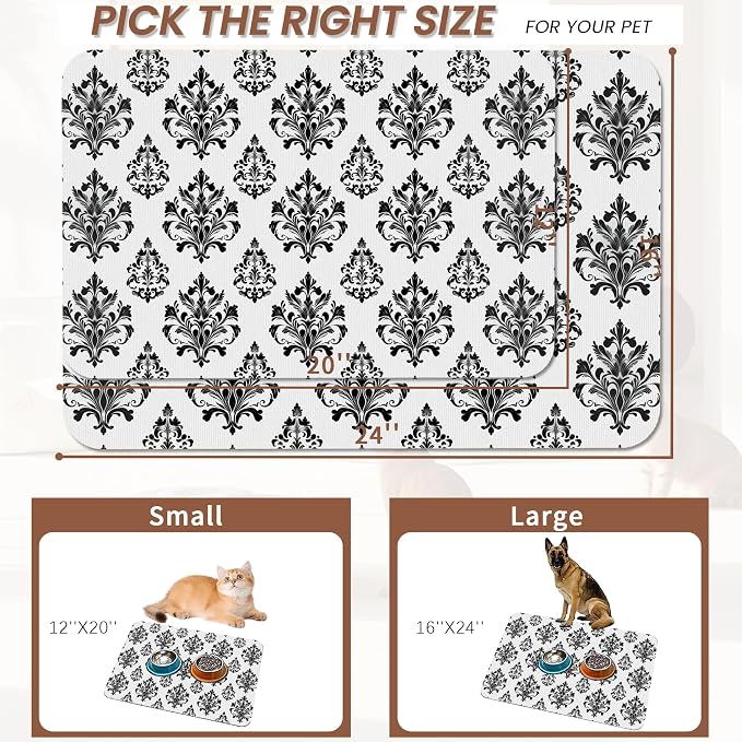 Vintage Damask Flower Dog Cat Food Mat, Non-Slip Dog Bowl Mats Floor Protector - Image 2