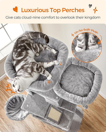 Feandrea Cat Tree, 81.1-Inch Large Cat Tower, 2 Perches, 2 Caves, Light Gray - Image 3