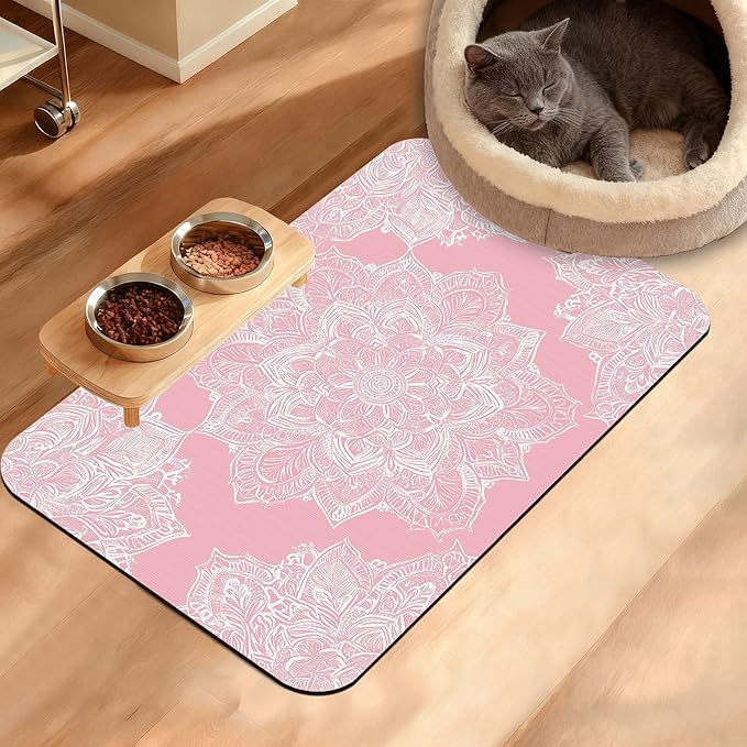 Pet Feeding Mat, Boho Mandala Absorbent Dog Cat Food Mat Pink Flower Dog Mat by Unknown