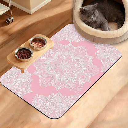 Pet Feeding Mat, Boho Mandala Absorbent Dog Cat Food Mat Pink Flower Dog Mat by Unknown