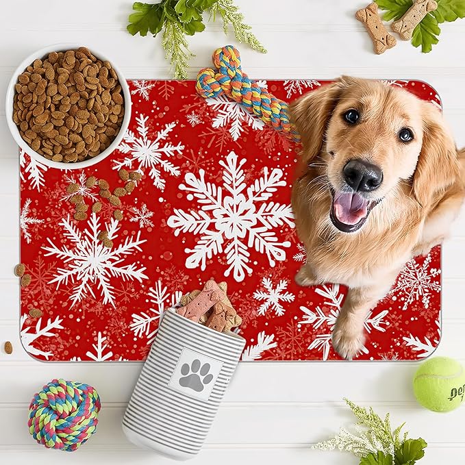 Christmas Dog Food Mat for Floors, Snowflake Absorbent Pet Food and Water Bowl - Image 7
