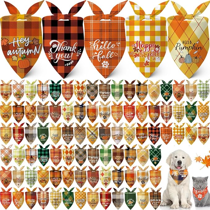 Sweetude 100 Pcs Fall Dog Bandanas Bulk Plaid Bandanas by Sweetude
