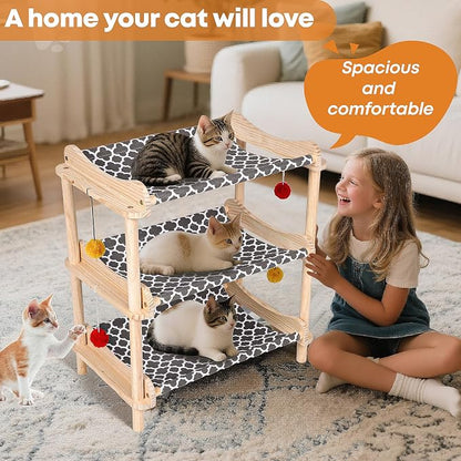 Large 3-Layer Cat Hammock Bed, Breathable Washable Covers, Wooden Pet Furniture - Image 6