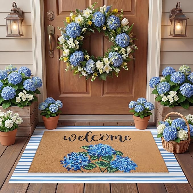 Tinideya 2 Pcs Hydrangea Door Mat Blue and White Stripe Welcome Non Slip Flower by Tinideya