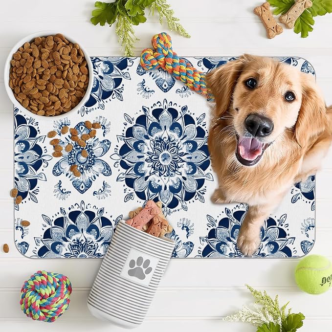 Mandala Flower Dog Food Mat for Floors, Cat Dog Bowl Mats for Food and Water - Image 7
