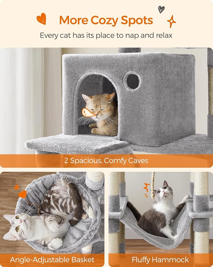 Feandrea Cat Tree, 81.1-Inch Large Cat Tower, 2 Perches, 2 Caves, Light Gray - Image 4