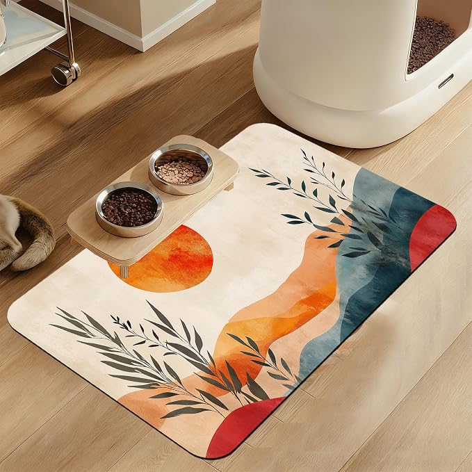 Boho Mountain Sun Pet Food Mat for Cats and Dogs–Christmas Stocking Absorbent by LUTASER