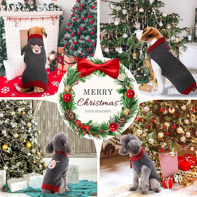 Dog Christmas Sweater Xmas Pet Clothes Cute Gray Reindeer Holiday Puppy Cat - Image 3