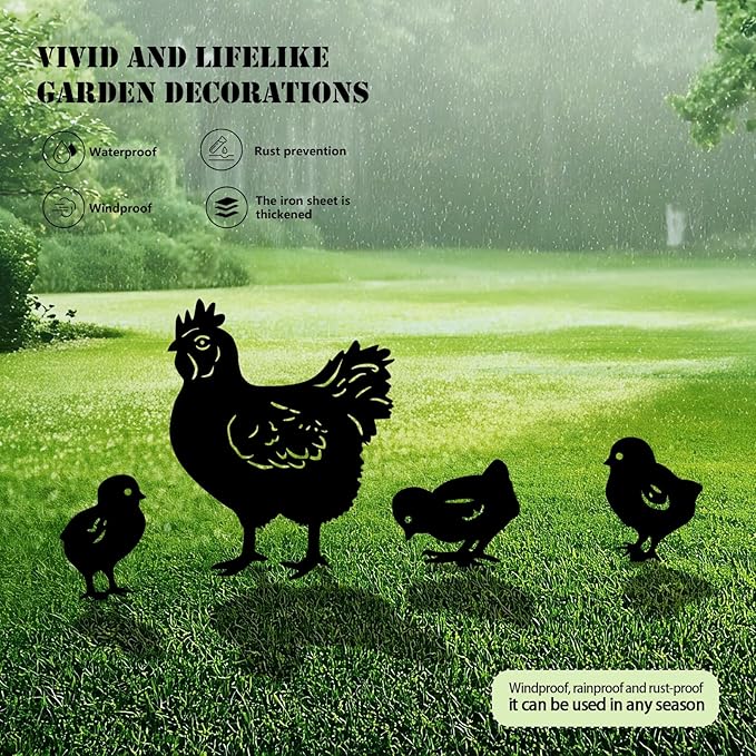 5 Pack Chicken Metal Garden Decorative Stakes, Weather Proof Silhouette Statues - Image 3