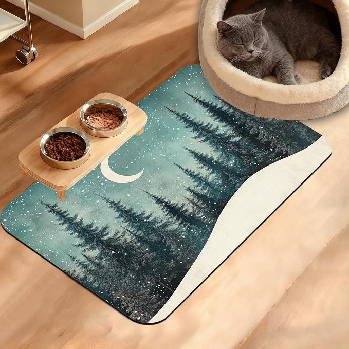 Pet Feeding Mat, Abstract Forest Absorbent Dog Cat Food Mat Moon Dog Mat by Unknown