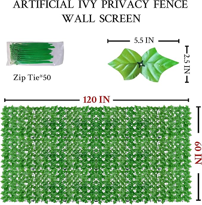 Artificial Ivy Fence Privacy Screen, 60 x 120 Inch UV-Anti Artificial Fake Ivy - Image 2