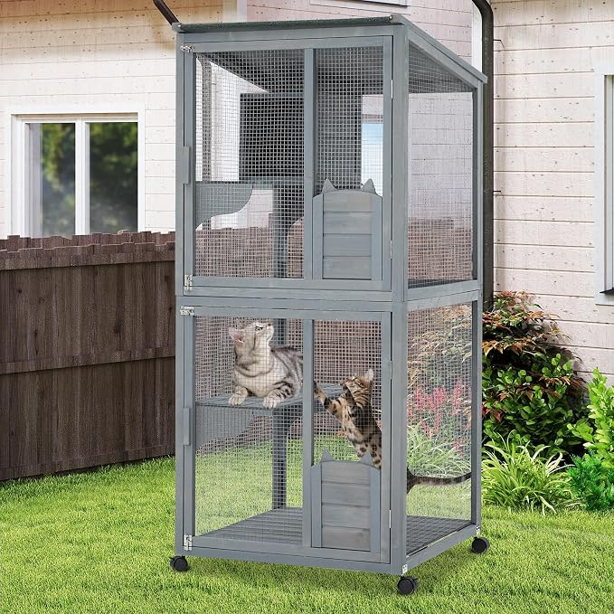 69-Inch Catio, Wooden Cat Enclosure, 4-Tier Cat House w/Waterproof Roof - Image 5