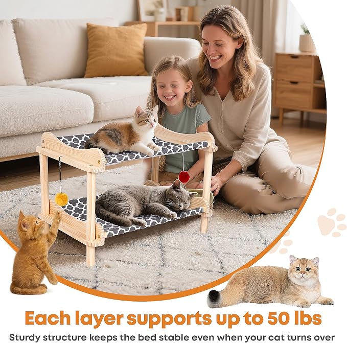 2-Layer Cat Hammock Bed, Breathable Washable Covers, Wooden Pet Furniture - Image 5