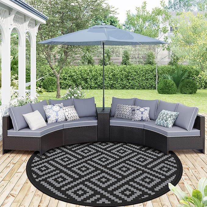 GENIMO 8' Round Outdoor Rug for Patios Clearance, Reversible Plastic Straw Rugs by GENIMO