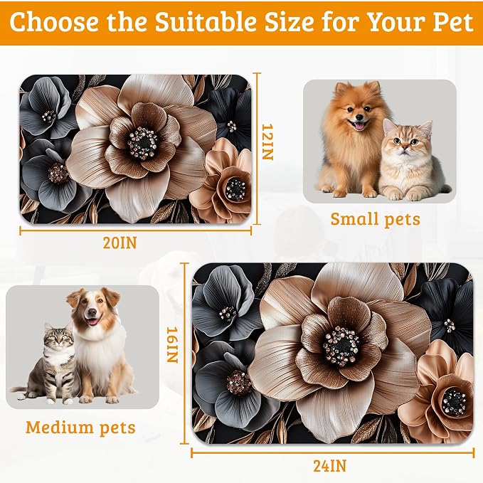 Black Brown Flower Feeding Mat, Artistic Absorbent Quick-Dry Cat Dog Food and - Image 6