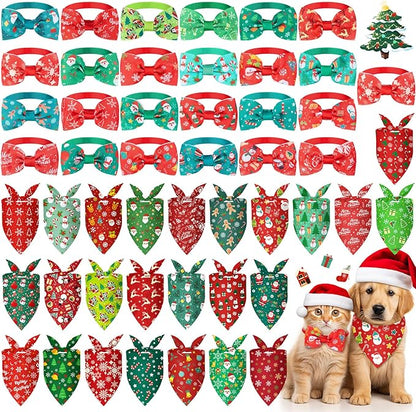 Sanwuta 50 Pcs Christmas Dog Bandanas and Collar Bow Ties Set 25 Bandanas Bulk by Sanwuta
