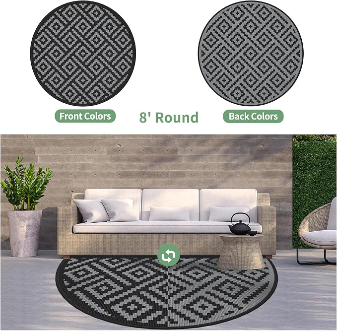 GENIMO 8' Round Outdoor Rug for Patios Clearance, Reversible Plastic Straw Rugs - Image 2