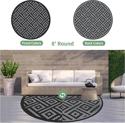 GENIMO 8' Round Outdoor Rug for Patios Clearance, Reversible Plastic Straw Rugs - Image 2