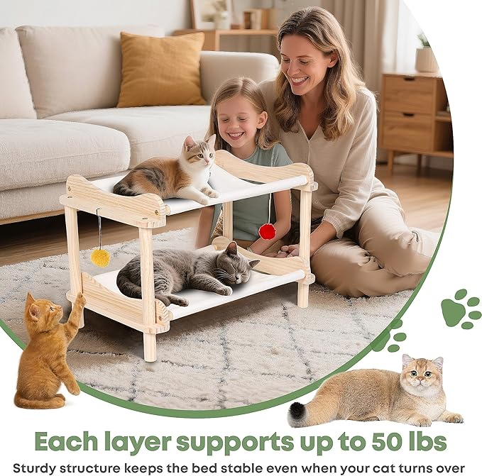 2-Layer Cat Hammock Bed, Breathable Washable Covers, Wooden Pet Furniture - Image 5